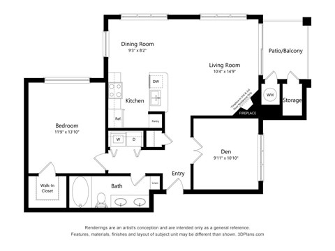 Floor plan for 1 bed, 1 bath, 916 sqft